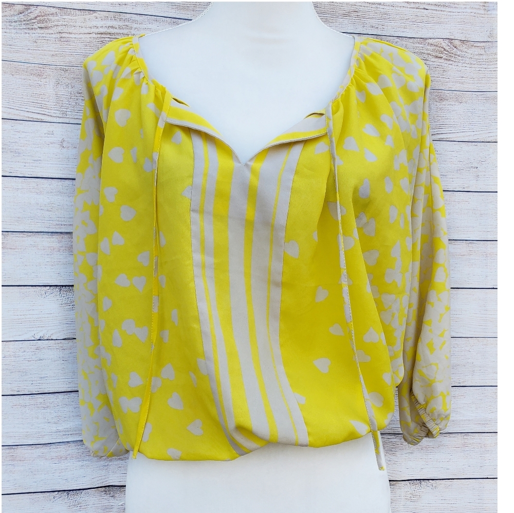 Express Yellow And Beige Patterned Chiffon Blouse - image 1